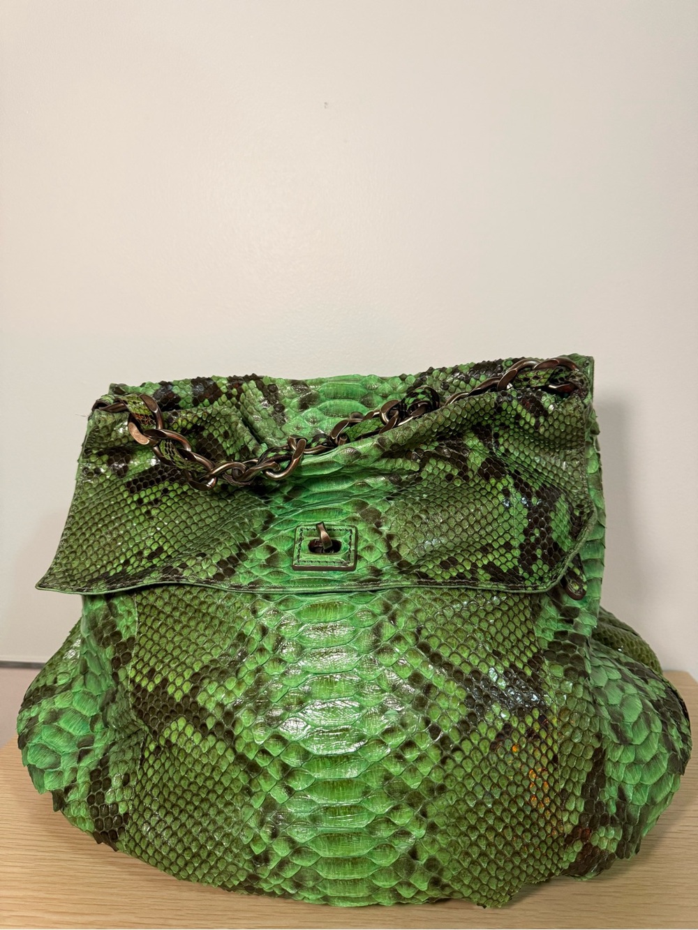 Zagliani Green Python-Print Shoulder Bag with Chain Strap - Handmade in Italy